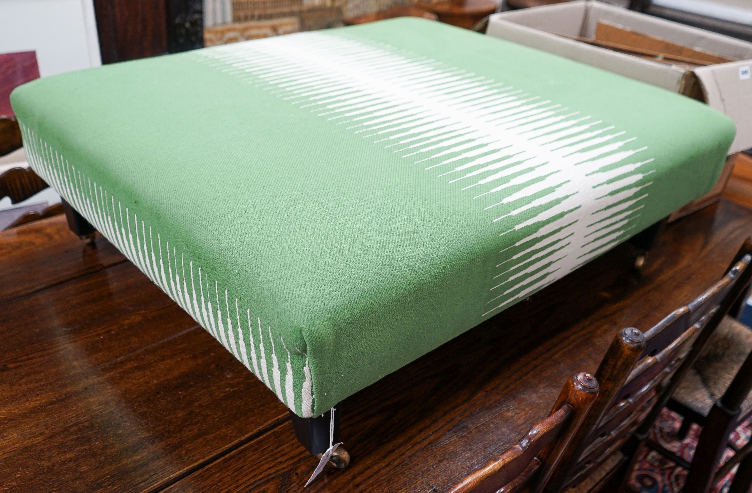 A contemporary Manuel Canovas rectangular green upholstered foot stool, length 95cm, depth 81cm, height 32cm